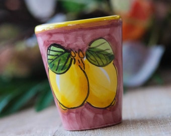 1980's Signed Shot Glass Small Mug Handmade Hand Painted Pottery Fruit Theme Lemon Mini Mug Jar Container Cottage Toast Drink Ware Souvenir