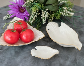 Ivory Porcelain Plates 24k Gold Nautical Party Bird Sectional Salsa Chip and Dip Bowl Appetizer Seafood Wedding Beach Bridal Shower Gift