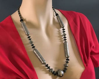 Beaded Necklace Antique Silver Black Tone Vintage Hand Crafted from 1980's Cocktail Dress Evening Wear Gift Idea Classic - Aleks Jewelry