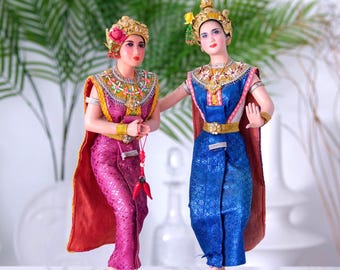 ヴィンテージのタイの踊り人形：職人による民芸品のカップル、民族衣装