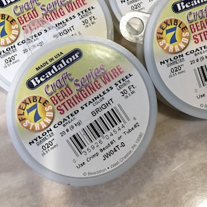 Bead Stringing Wire Craft Series Beadalon 7 Flexible Strands Bright .020&quot; 30 ft Nylon Coated Stainless Steel Crimp Bead #1 or Tube #2, 9 kg