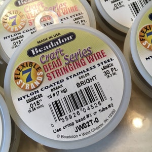 Bead Stringing Wire Craft Series Beadalon 7 Flexible Strands Bright .015&quot; 30 ft Nylon Coated Stainless Steel Crimp Bead #1 or Tube #2, 7 kg