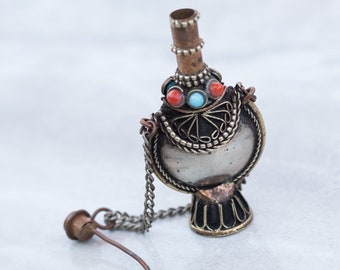 Snuff Pendant Antique Moroccan Aged Metal Moroccan Snuff Pendant with Studded Turquoise Coral Scrollwork Design Gift Idea Unique