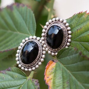 Onyx Earrings Sterling Silver Vintage Oval Shape Geometric Onyx Inspired Stones - Aleks Jewelry