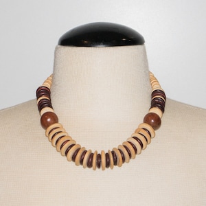 Chunky Wooden Bead Necklace | Tribal Style Wood Tone Necklace with Alternating Discus Beads Geometric Round Vintage Bold Gift Aleks Jewelry