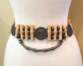 Boho Belt | Bohemian Chic Grooved Wood Studded Bronze Toned Medallion Belt Adjustable Metal Chain Clasp TV Fashion Celebrity | Aleks Jewelry