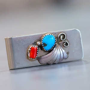 Dinero Clip Efectivo Titular Turquesa Coral Navajo Nativo Americano Monedero Vintage Plata Tono Piedra Natural Piedra Unisex Accesorio Regalo Idea OOAK
