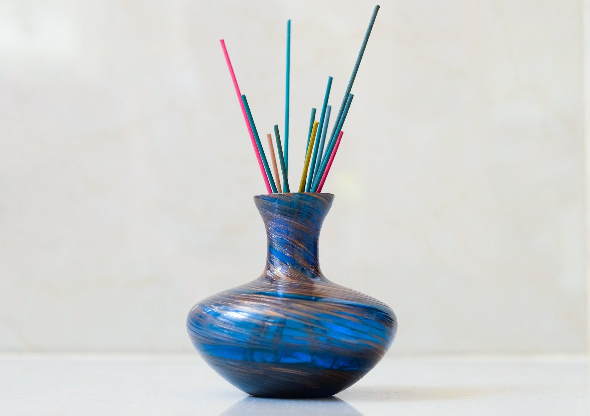 Cobalt Blue Incense Burner Holder Brown Flower Vase Vintage