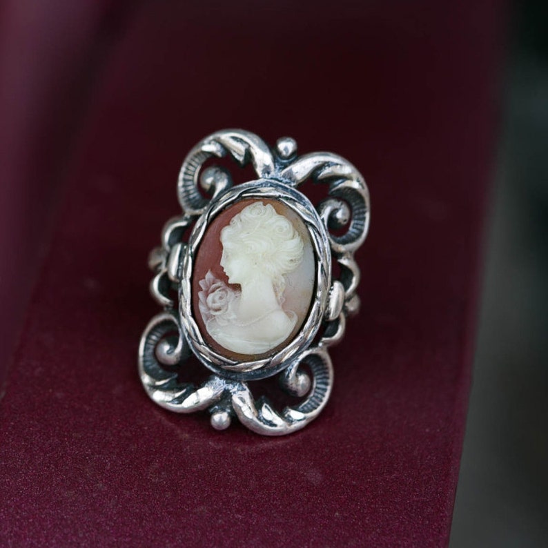 Aleks Jewelry Handcrafted Solid Sterling Silver wTextured Acanthus Scroll Accents Ornate Jewelry Handmade Gift for Her Cameo Ring
