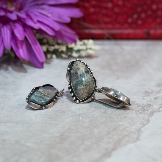 Genuine Agate Sterling Silver Set Ring Earrings G… - image 1