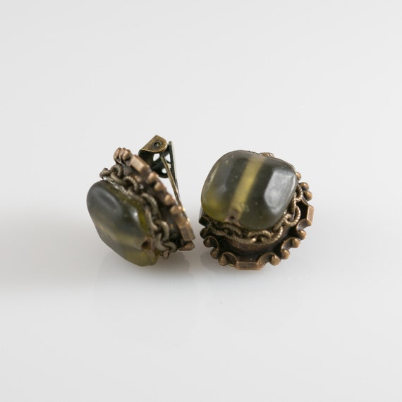 Clip On Earrings Antique Brass Finish with Olive … - image 2