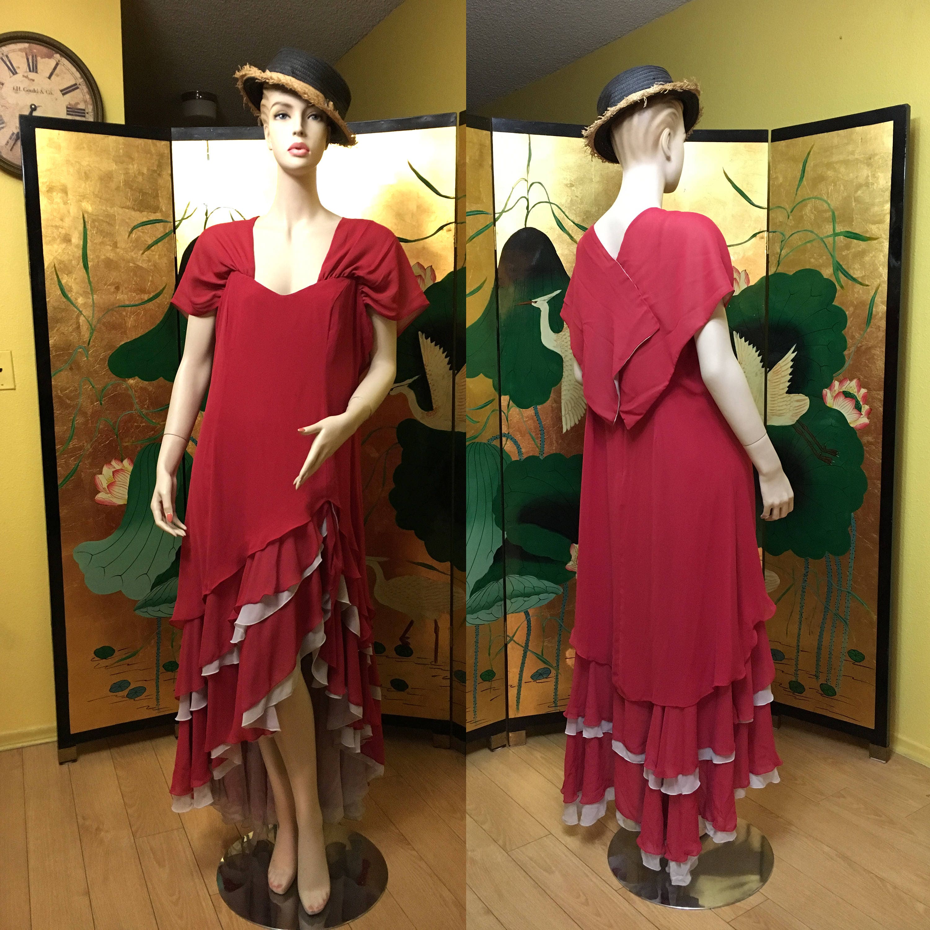Red Formal Maxi Dress Gray Layered Ruffle Asymmetrical 90