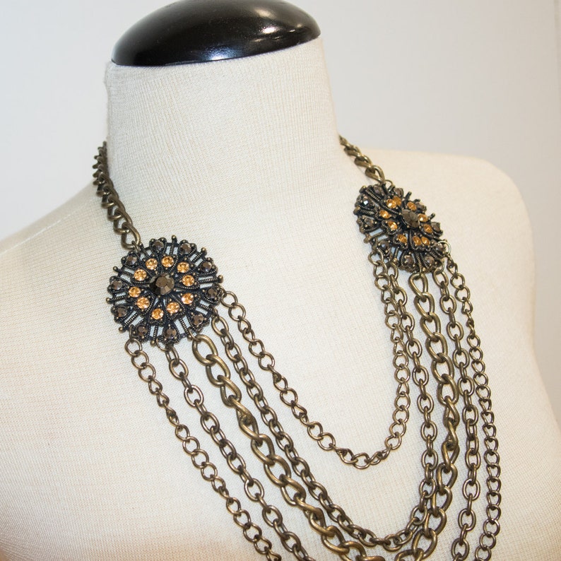 Necklace Renaissance Jewelry Edwardian Medieval Gothic Medallion Bronz Five Chain Faux Citrine Openwork Mirrored Sequin Ornate Aleks Jewelry
