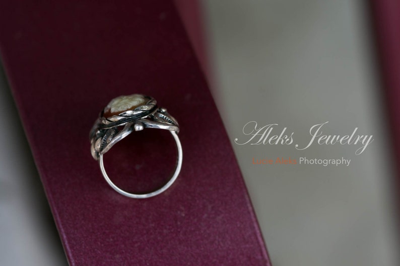 Aleks Jewelry Handcrafted Solid Sterling Silver wTextured Acanthus Scroll Accents Ornate Jewelry Handmade Gift for Her Cameo Ring