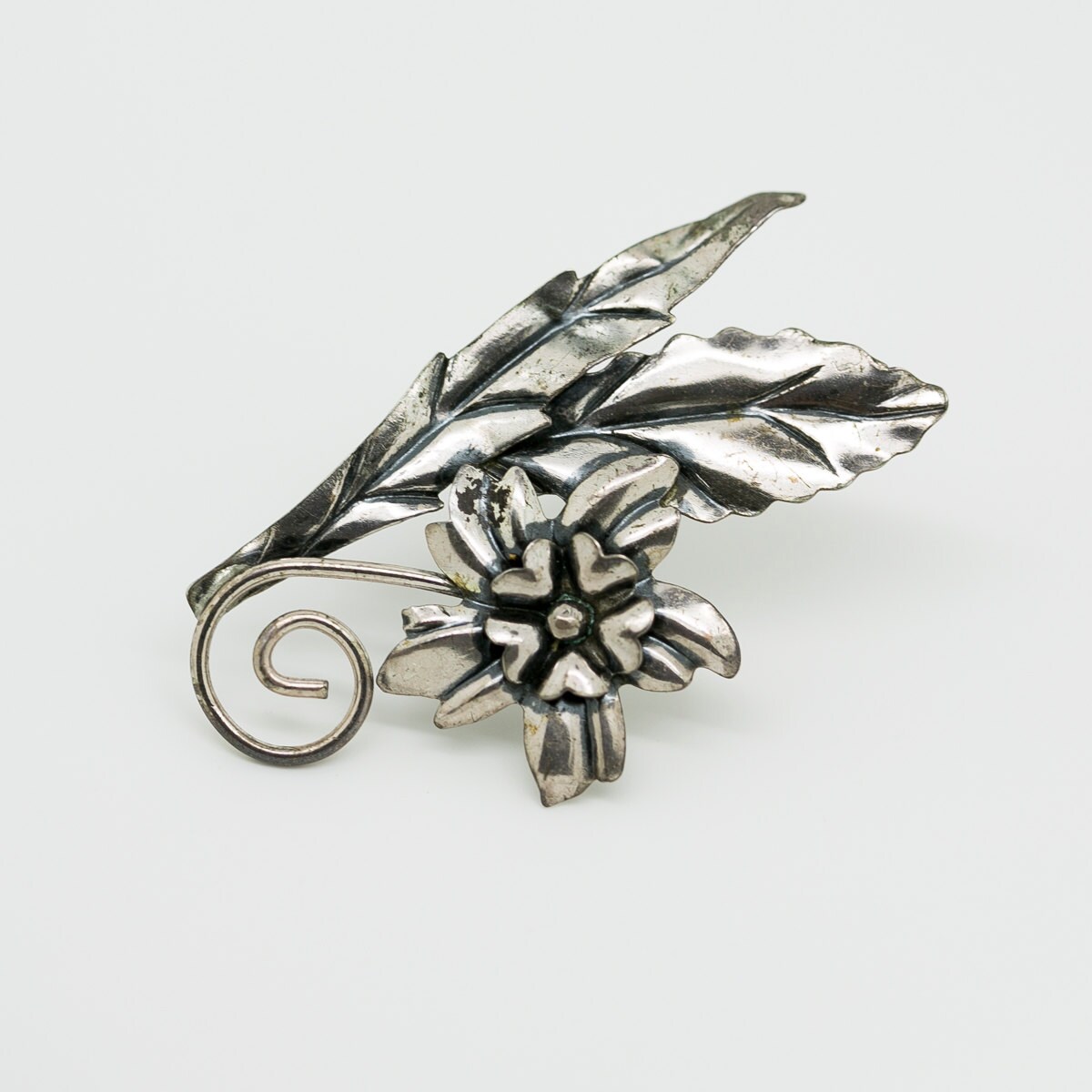 Flower Brooch | Sterling Silver Large Vintage Floral Pin w/Scrolled Flower and Leaf Design | Collectible Pin Gift Idea | Aleks Jewelry