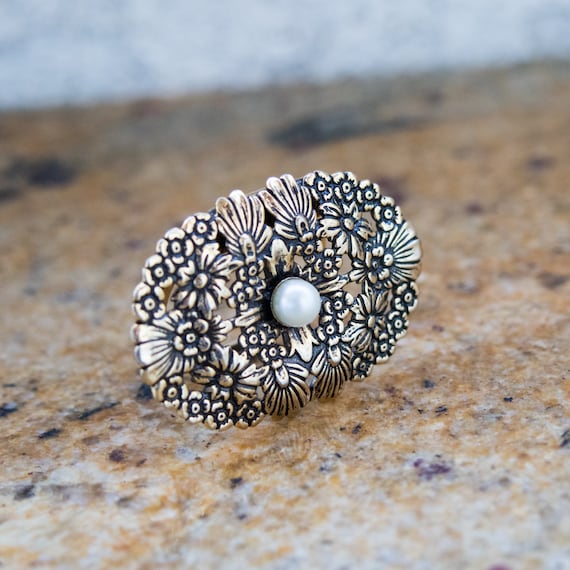 Antique Brooch Oval Floral Scarf Pin Pearl Vintage Gold Tone with Flower Details Liebo USA Signed Wedding Dress Clip Pin - Aleks Jewelry