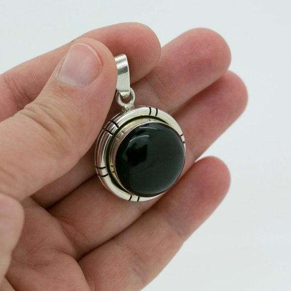 Onyx Pendant Solid Sterling Round Large Art Deco with Details Estate Jewelry Solid 925s Charm OOAK Jewelry - Aleks Jewelry
