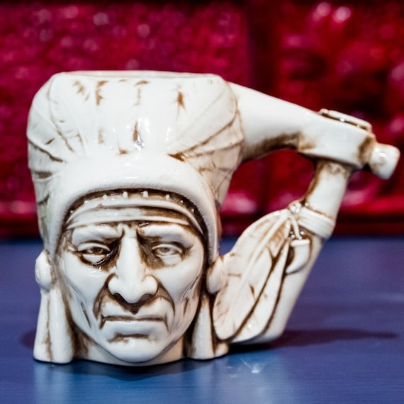 Indian Head Mug Native American Ceramic Signed Hand Painted Pottery Feathered Headdress Tomahawk Handle Gift Idea Ethnic Kitchen Decor