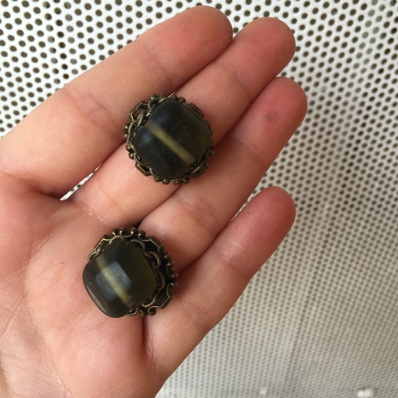 Clip On Earrings Antique Brass Finish with Olive … - image 3