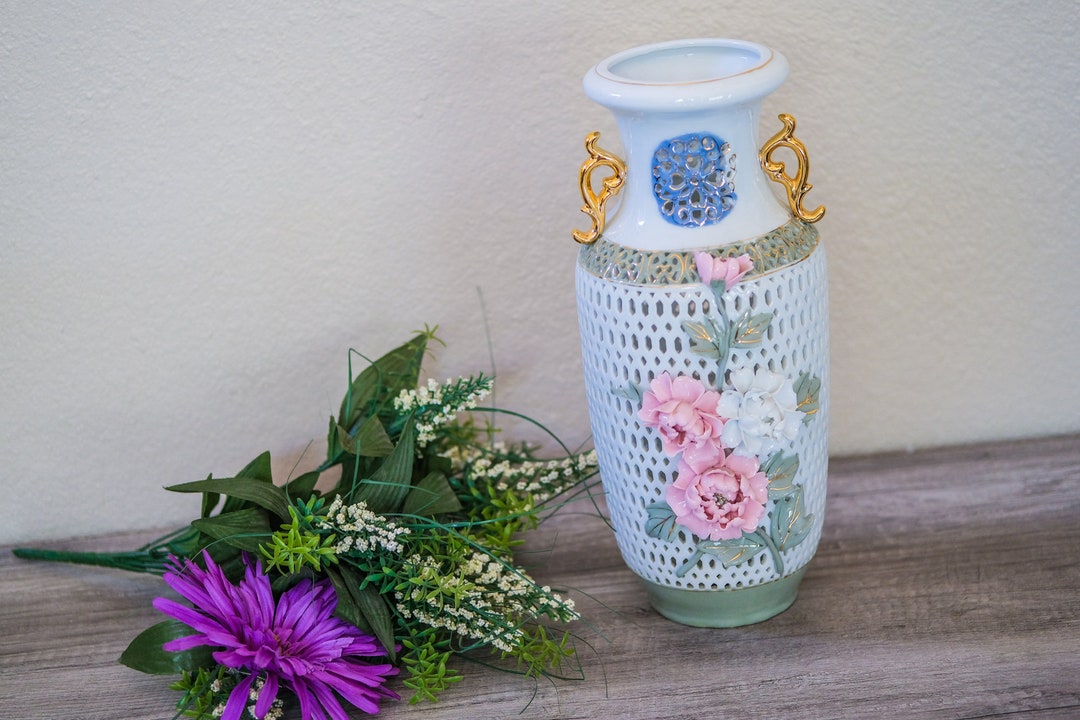 14 24k Gold Large Vase Hand Painted Handmade White Etsy