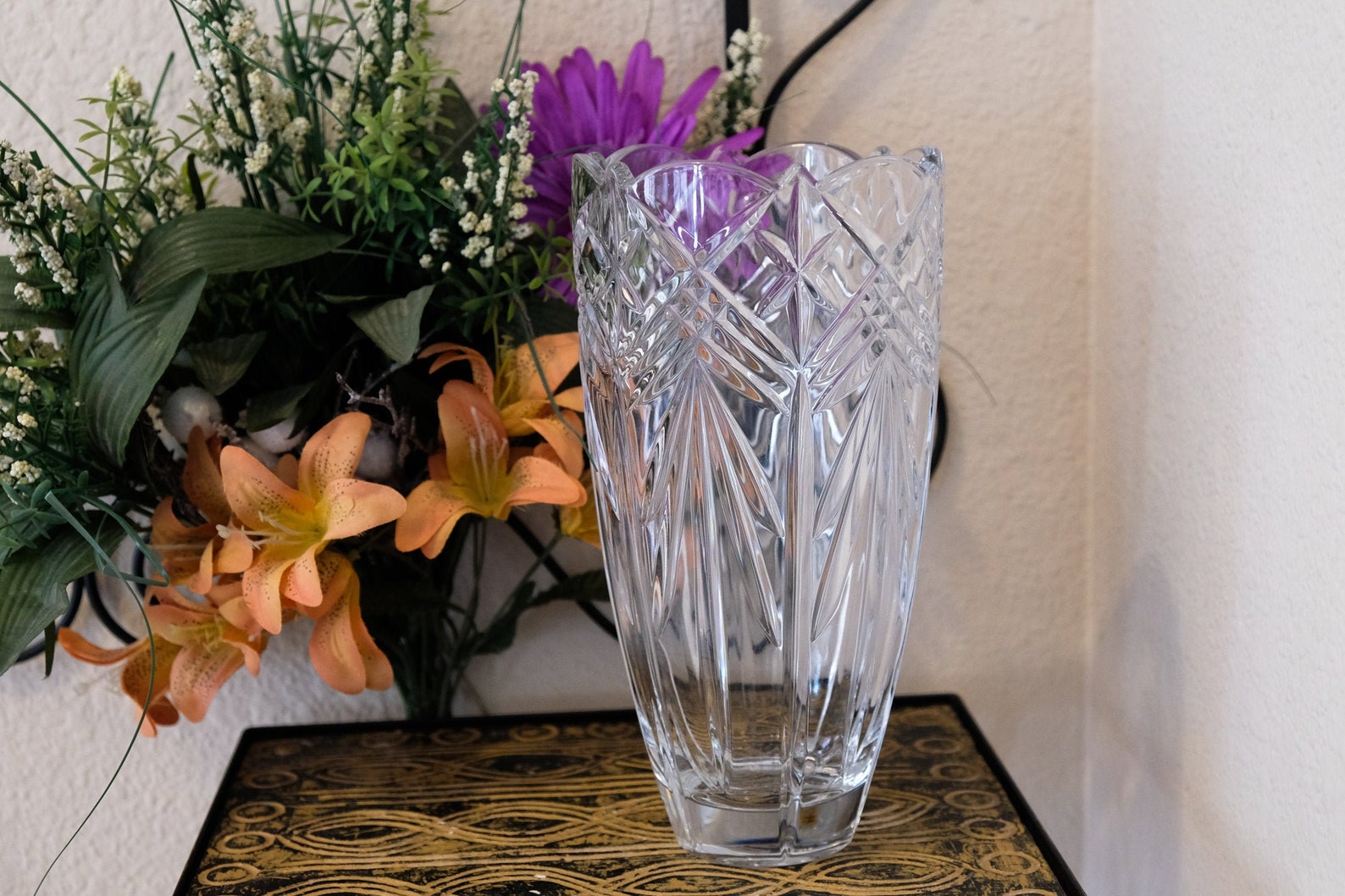 Large Crystal Flower Vase Vintage Fan Cut Wedding Centerpiece Etsy