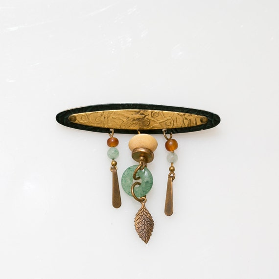 Antique Tribal Brooch Pin Geometric - Green Fancy… - image 1