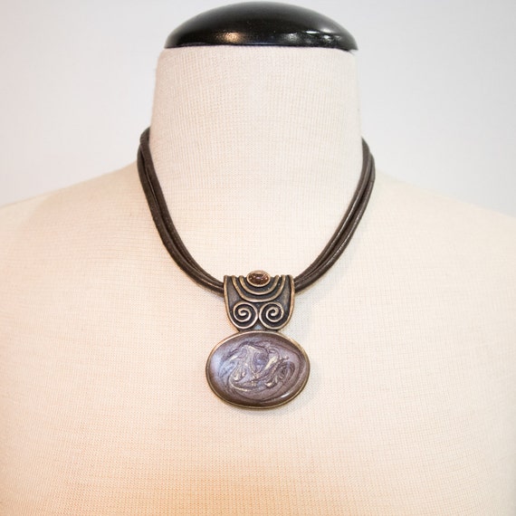 Oval Medallion Leather Cord Large Collar Necklace… - image 3