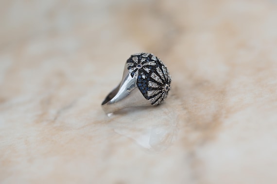 Flower Ring Sterling Silver Bold Statement Black … - image 2