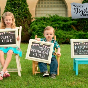 Set of 3 PRINTABLE Chalkboard Pregnancy Announcement Photo Props Oldest Middle Youngest Child Signs / Baby 3 Reveal Photoshoot JPEG files image 1