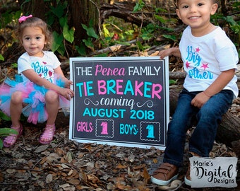 PRINTABLE Personalized Tie Breaker Baby #3 Chalkboard Pregnancy Baby Announcement / Baby Number Three / Pink Teal / Sign / Photo Prop JPEG