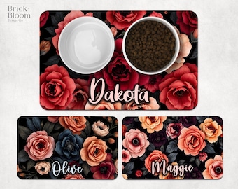 Personalized Moody Florals Pet Placemat | Custom Name Dog & Cat Feeding Mat | Elegant Non-Slip Food Mat with Pet's Name | Stylish Pet Dining