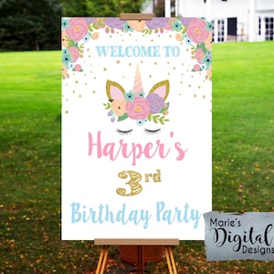 Printable - ANY AGE Unicorn Floral Welcome To Birthday Sign / Poster Vintage Shabby Chic Girl Party Decor / White Gold Pink / JPEG File