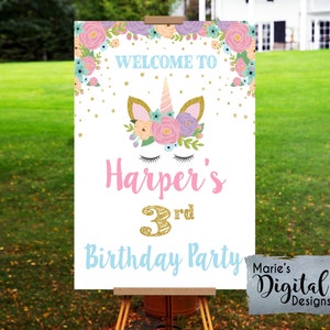 Imprimible - ANY AGE Unicornio Floral Bienvenido al Cumpleaños Signo / Póster Vintage Shabby Chic Girl Party Decor / Oro Blanco Rosa / Archivo JPEG