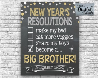 PRINTABLE New Year's Resolutions Checklist / Big Brother Chalkboard Pregnancy Baby Announcement Sign Photo Prop Poster Card / JPEG File