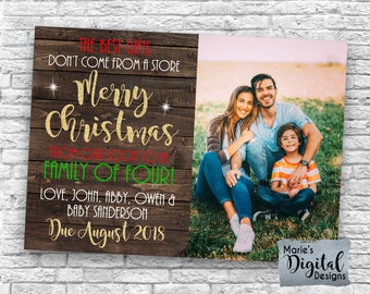 PRINTABLE Christmas Pregnancy Announcement Photo Card / Best Gift Don't Come From The Store Soon To Be Family Of Four Baby Digital JPEG File