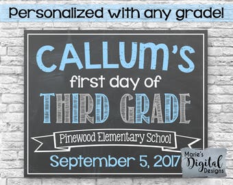 PRINTABLE - Personalized First And / Or Last Day Of School Chalkboard Photoprop Sign / Blue Gray Back To School Kindergarten Boy JPEG file