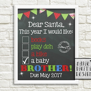 PRINTABLE - Dear Santa - Baby Boy Gender Reveal / Baby Brother / Santa List / Christmas Pregnancy Announcement / Photo Prop JPEG file