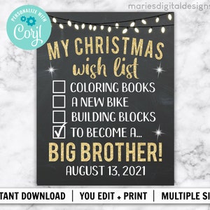 EDITABLE Christmas Wish List Big Brother Christmas Pregnancy Announcement | INSTANT DOWNLOAD | List To Santa | Baby Chalkboard Sign Poster