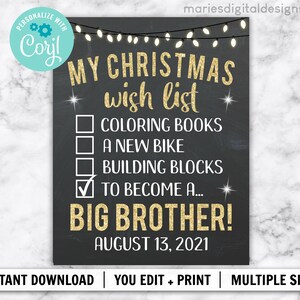 Lista de deseos de Navidad EDITABLE Anuncio de embarazo de Navidad de Gran Hermano / DESCARGA INSTANTE / Lista a Santa / Cartel de letrero de pizarra para bebés