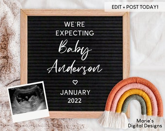 EDITABLE Social Media Pregnancy Announcement | INSTANT DOWNLOAD | Corjl | Rainbow Neutral Letter Board | Digital Baby Reveal | You Edit