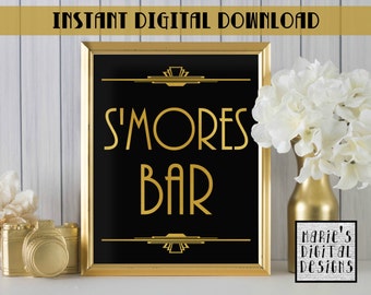 INSTANT DOWNLOAD - Printable S'mores Bar / Wedding / Party / Engagement / Birthday Decor / Gold Black / Art Deco / Gatsby JPEG file 5x7 8x10