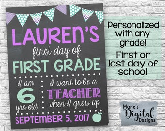 PRINTABLE - Personalized First OR Last Day Of School Chalkboard Photoprop Sign / Purple Blue / Back To School / Girl Name Grade JPEG file