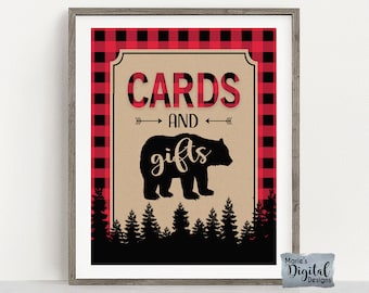 INSTANT DOWNLOAD | Cards and Gifts Printable Birthday Party Sign | Red Buffalo Plaid Lumberjack Decor | Christmas Table Sign | JPEG Files