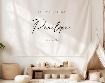Kids Birthday Tapestry Banner, Personalized Birthday Backdrop Fabric Sign, Baby Birthday Party Decor, Custom Name Photo Background | SBT02