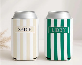 Personalized Name Can Cooler, Preppy Striped Beer Cozie, Coastal Bridesmaid Gift, Custom Drink Holder, Beach Wedding Favor