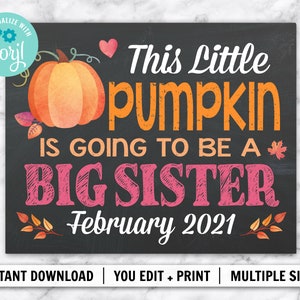 EDITABLE Imprimible Este pequeño anuncio de embarazo de hermana mayor de calabaza / DESCARGA INSTANTE / Otoño Otoño / Cartel de letrero de pizarra para bebé