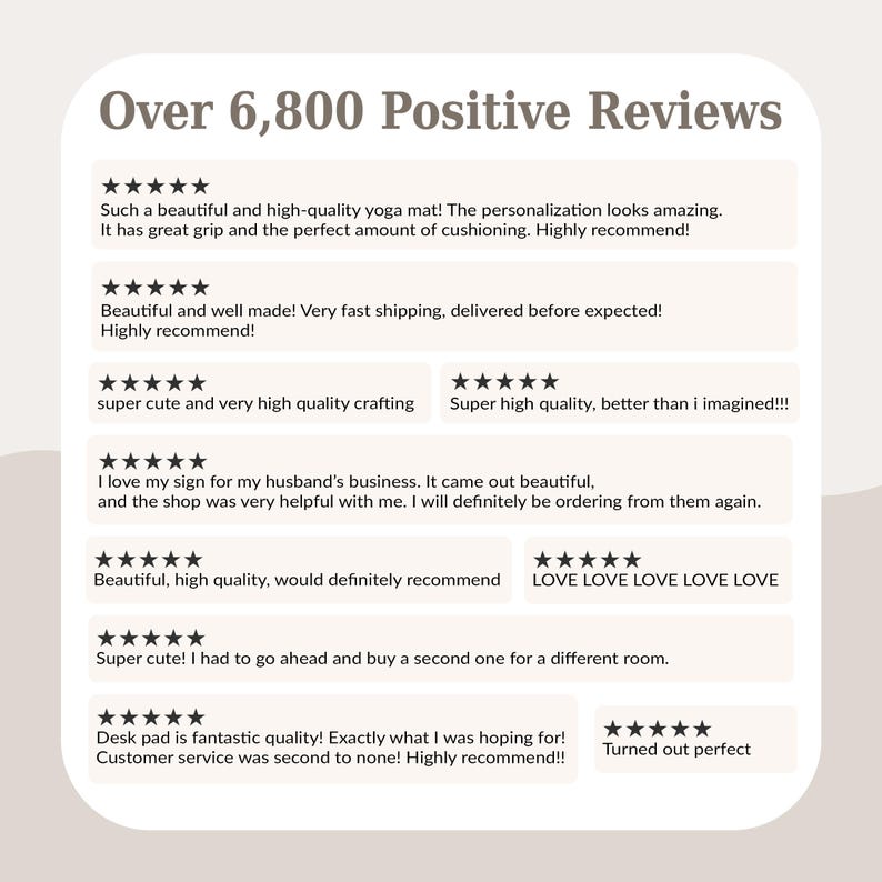 May include: A graphic displaying "Over 6,800 Positive Reviews" and customer feedback. The reviews highlight product quality, fast delivery, and good customer service. The image conveys positive customer experiences.