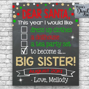 Druckbare liebe Santa große Schwester / Weihnachten Tafel Checkliste / Schwangerschaft Baby Ankündigung Zeichen Foto Prop Karte Poster / Gold JPEG-Datei
