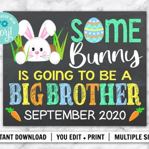 EDITABLE Imprimible Anuncio de embarazo de Pascua de algún conejito mayor / DESCARGA INSTANTE / Plantilla Corjl / Cartel de letrero de pizarra para bebé