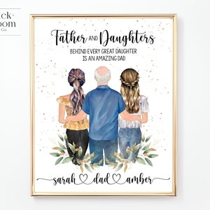 Vater 2 Töchter Portrait | DRUCKBAREs personalisiertes Vatertagsgeschenk | Geburtstag Weihnachtsgeschenk | Familien illustration | Digitale